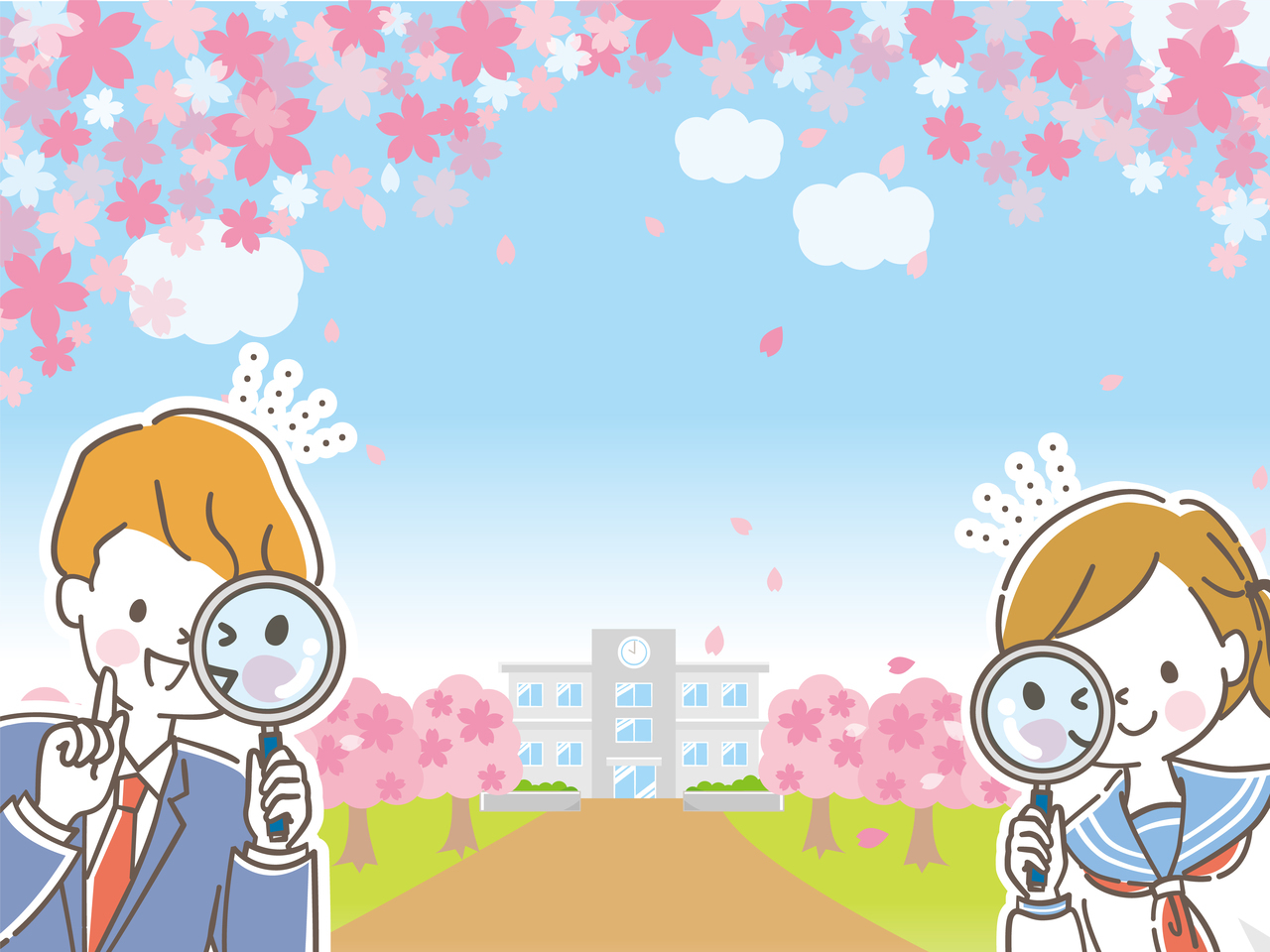 春の校舎を虫眼鏡で観察する男女の学生