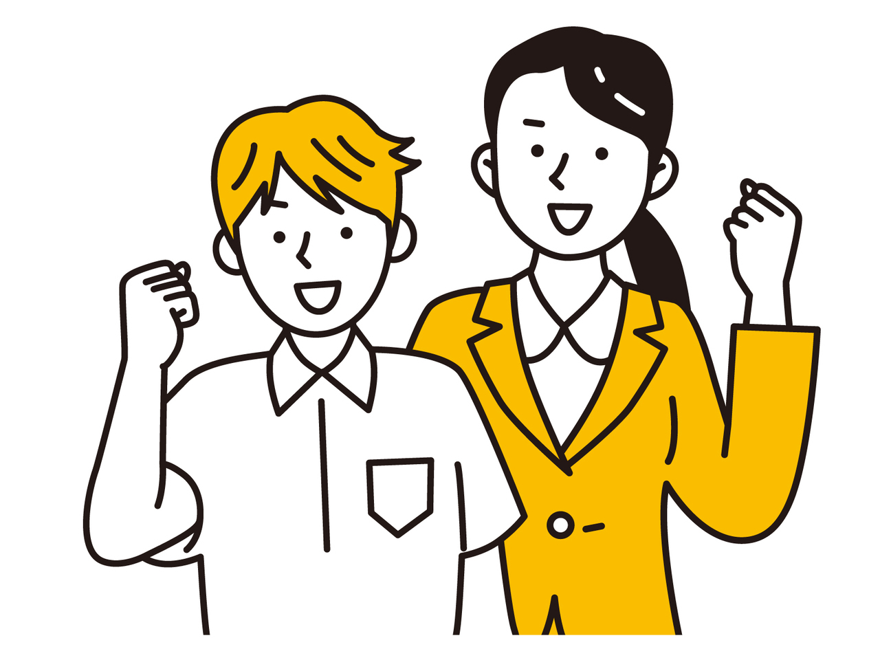 ガッツポーズする先生と生徒