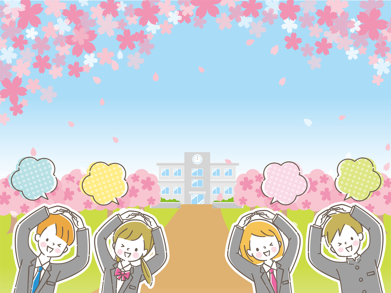 OKサインする男女の学生たちと桜