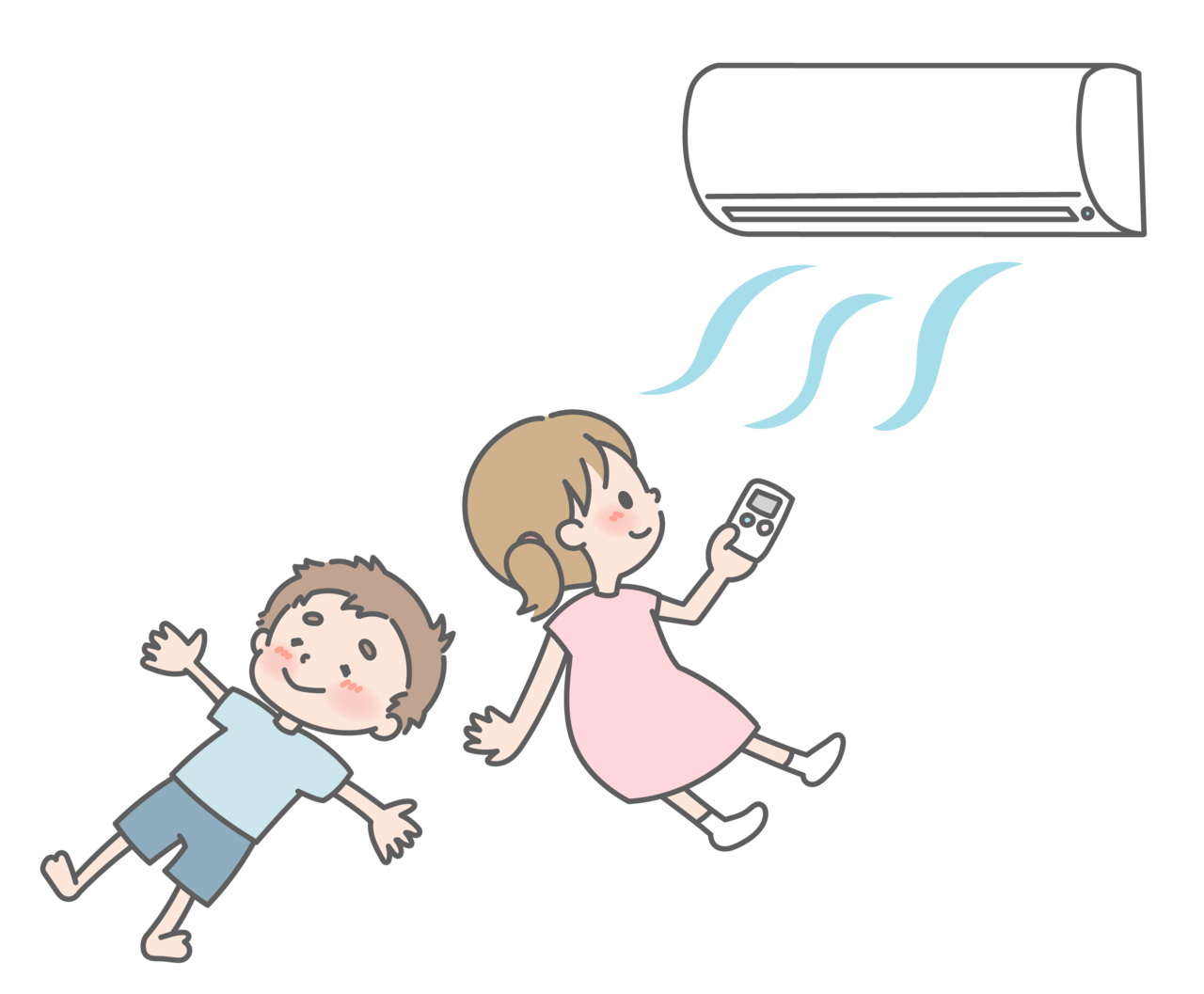 クーラーで涼む女の子と男の子