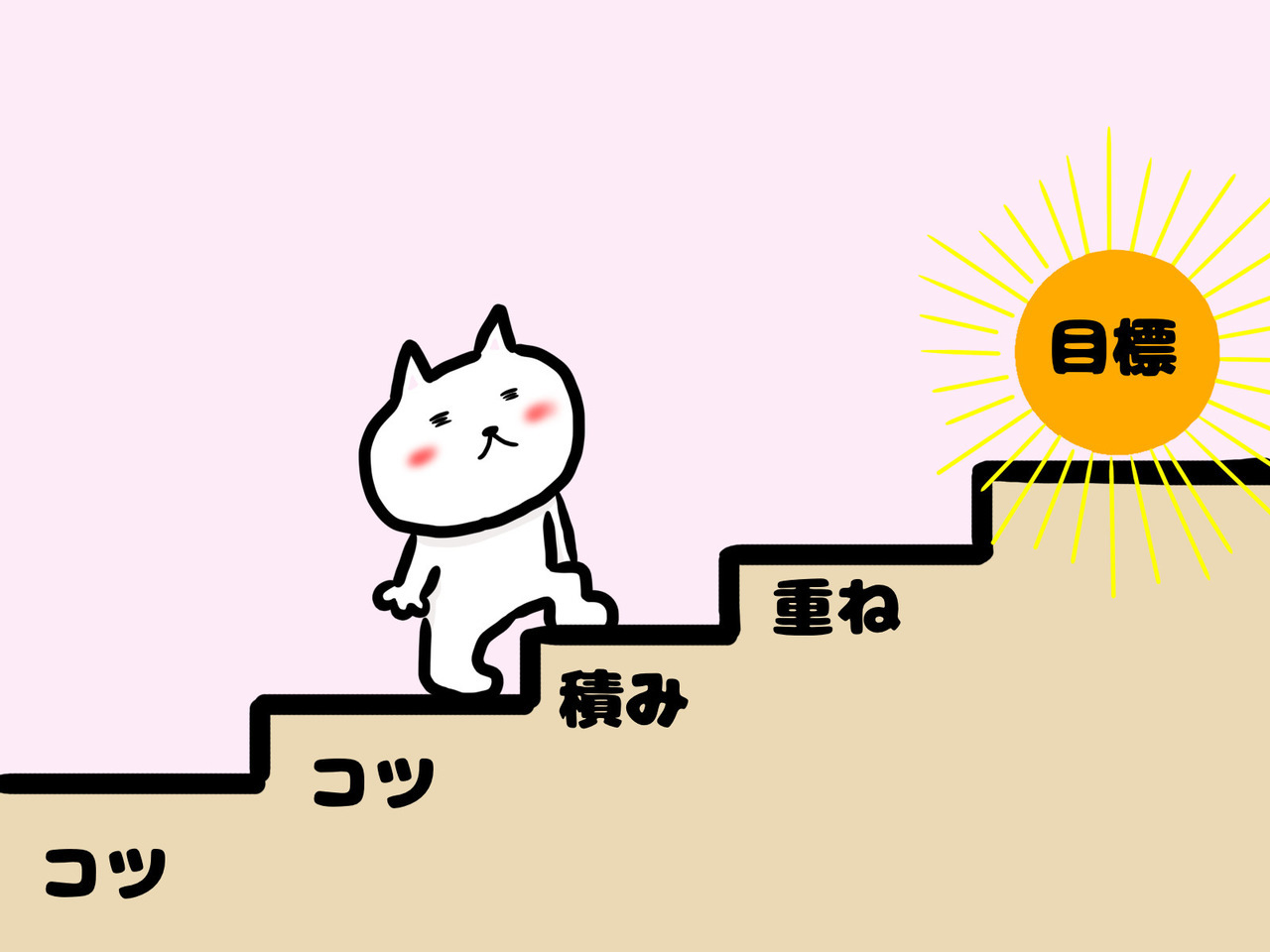 コツコツ積み重ねの階段を登る白猫