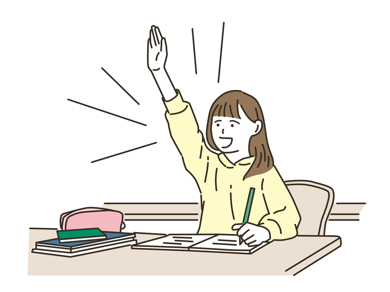 授業中に挙手をする女子学生