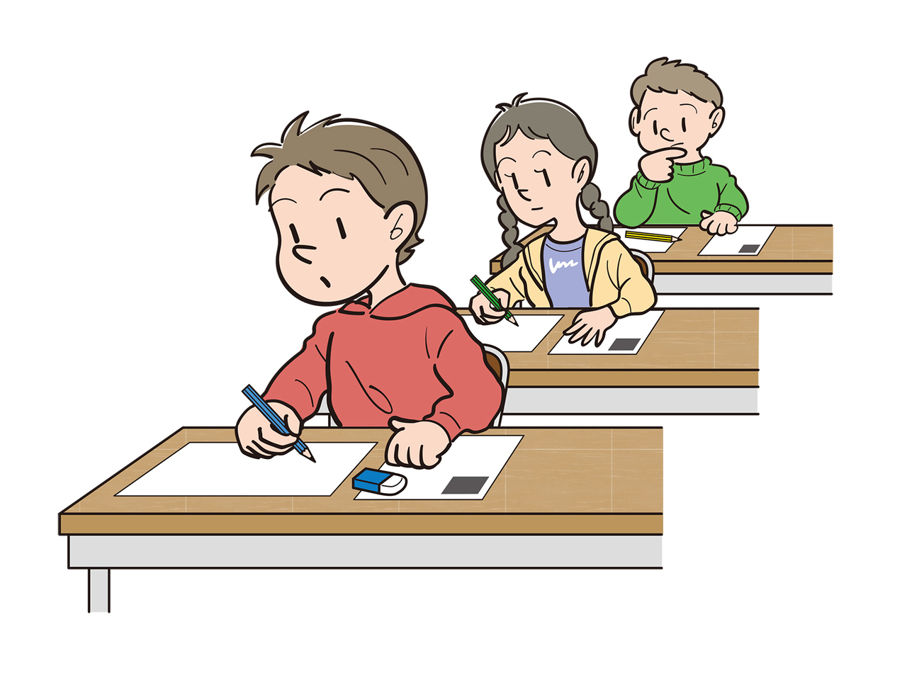 テスト会場でテストを受ける３名の学生