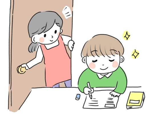 勉強する子供と見守る母親のイラスト