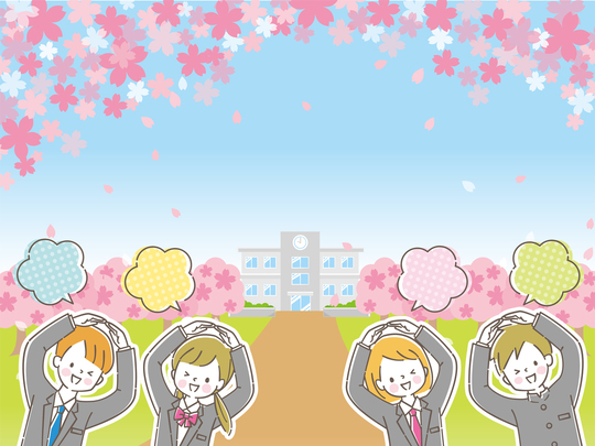 OKサインする男女の学生たちと桜