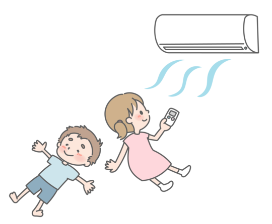クーラーで涼む女の子と男の子