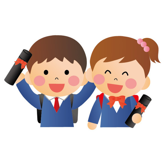 卒業して喜ぶ小学生の男の子と女の子