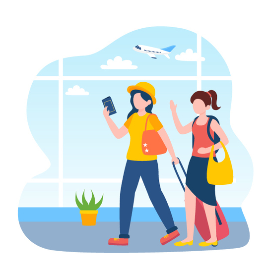 空港でこれから旅行に向かう女性２人